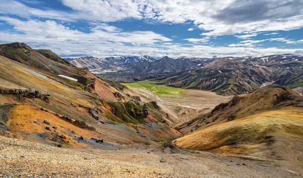 Landscape panorama, Dramatic volcanic landscape, Colourful erosion landscape with mountains, Lava field, Landmannalaugar, Fjallabak nature reserve, Su&eth;urland, Iceland