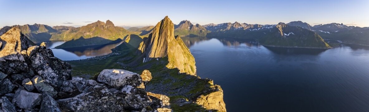 Steep mountain Segla, fjord Mefjorden with mountains, island Senja, Troms, Norway