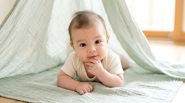 Adorable infant boy lying in fabric teepee, cute baby playing on soft muslin blanket, nursery lifestyle portrait with natural light and neutral tones