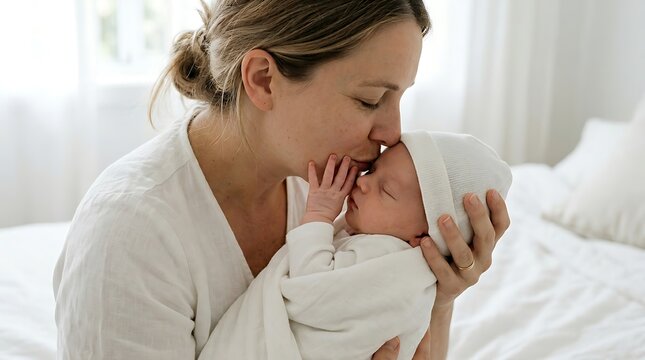 Loving mother kissing newborn baby forehead, tender maternal moment in bright white bedroom, affectionate parent holding infant child