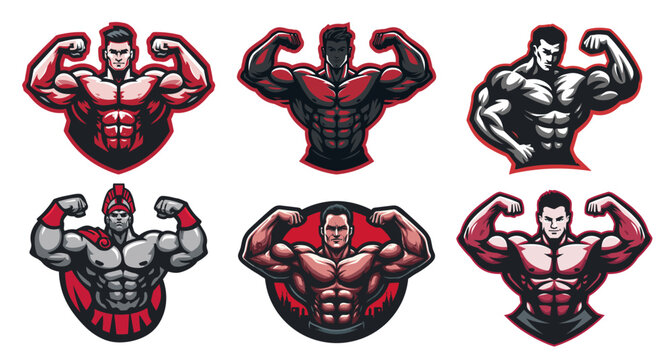bodybuilder mascot set. Muscular male athlete showing arm strength, red man powerful body fitness gym strength training bodybuilding character logo emblem bold vector illustration