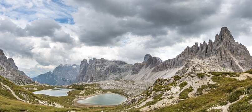 Lago dei Piani at the Three Peaks Cottage with Paternkofel, Sesto Dolomites, South Tyrol, Trentino-South Tyrol, Alto-Adige, Italy
