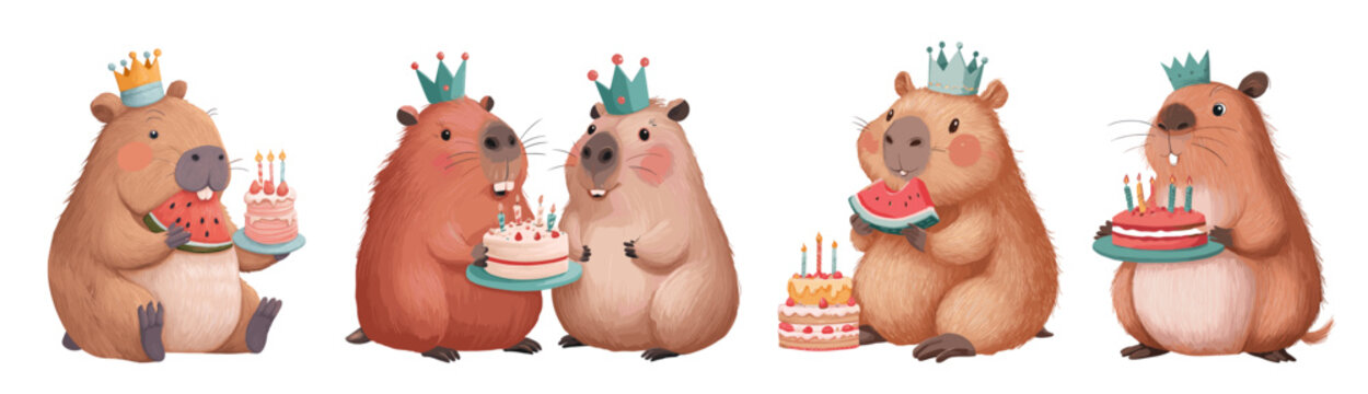 Capybaras cartoon set. Capybara celebrating birthday, Cute kind character sticker crown cake watermelon animal festive decor design greeting card vector illustration