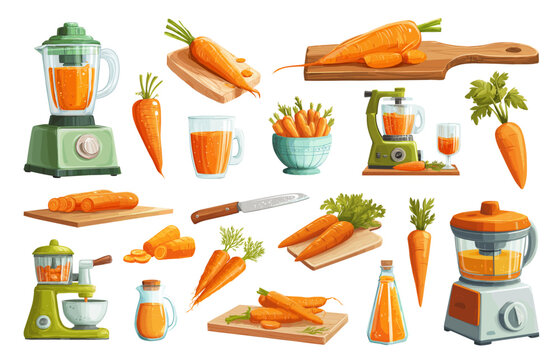 Carrot cartoon set. Vegetable orange juice, green blender vegetarian vegan vitamins healthy food gardening cooking wooden kitchen board knife recipe vector illustration