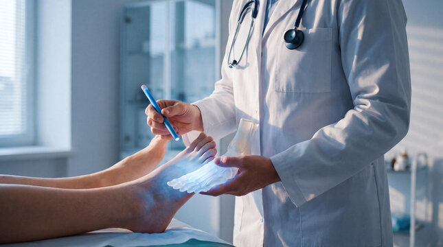 Orthopedic doctor examining a patient's foot using a penlight and a glowing 3D holographic bones model for diagnosis
