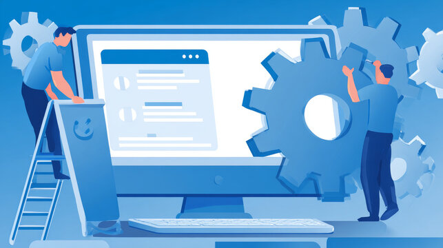 Vector banner illustration of business marketing. Maintenance. Workplace at home, in the office. Computer, PC. Update, download, improvements. Screen page. Settings, software. Blue. Eps 10