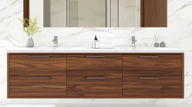 Modern bathroom vanity featuring a wood cabinet, white countertop, and marble backdrop