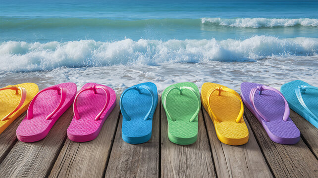 Row of many colorful flip flops aligned on wooden beach deck,ocean background, seaside summer friends concept