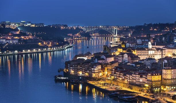 View over Porto with River Douro, dusk, Porto, Portugal