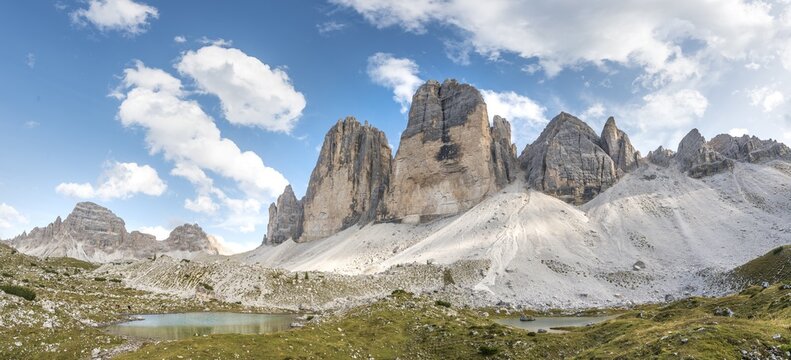 Northern walls of the Three Peaks of Lavaredo with lake near Col Forcellina, Sexten Dolomites, South Tyrol, Trentino-South Tyrol, Alto-Adige, Italy