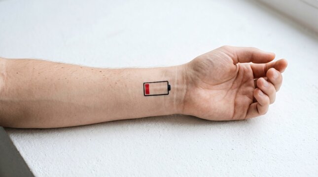 Conceptual Image of Human Exhaustion with Low Battery Icon on Wrist.