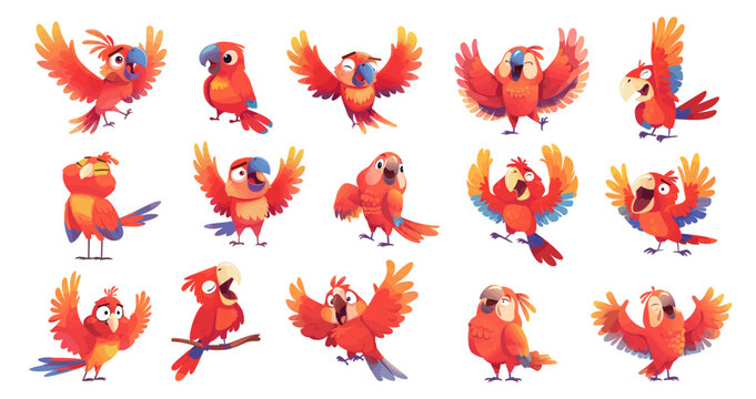 Parrots cartoon set. Red cheerful singing parrot, tropical animal bird feathers, funny cute mascot bright sticker design vector illustration