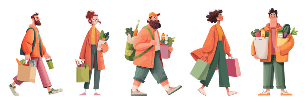 People carrying bags. Woman man in orange jacket with groceries, vegetable food shopping grocery store supermarket purchases everyday urban character strolling walking vector illustration