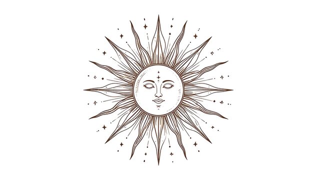 Ornate, detailed sun illustration with a serene face, radiant rays, and twinkling star accents on a white background
