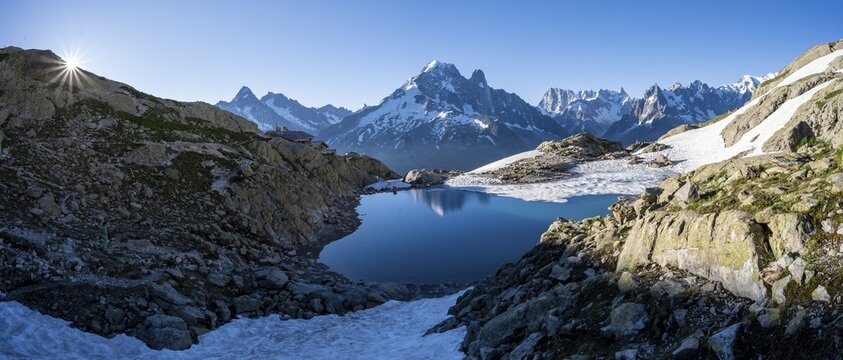 Mountain panorama with water reflection in Lac Blanc, mountain tops, Aiguille Verte, Grandes Jorasses, Aiguille du Moine, Mont Blanc, Mont Blanc massif, Chamonix-Mont-Blanc, Haute-Savoie, France