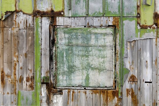 Rusty, bright green trim on wood wall, Faroe Islands, Faroe Islands, Denmark