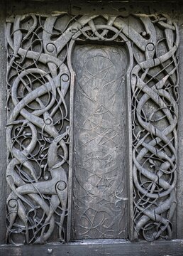 Artfully carved north portal, Celtic art with traditions of the Vikings, Urnes Stave Church, Romanesque church from ca. 1130, Vestland, Norway