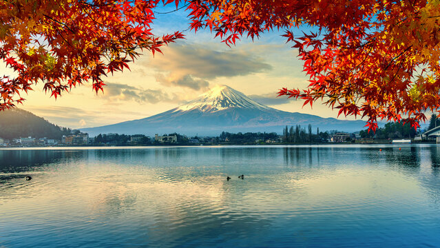 Fuji mountain and Kawaguchiko lake at sunrise, Japan.