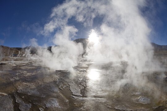 The hot springs steam most at sunrise, El Tatio Geyser Field, Regi&oacute;n de Antofagasta, Chile, South America