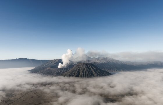 Mount Bromo volcanic clouds, morning atmosphere, Mount Batok, Mount Kersi, Mount Semeru, Bromo Tengger Semeru National Park, East Java, Indonesia
