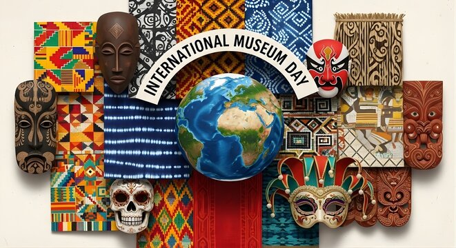 International Museum Day Cultural Diversity Poster with Global Traditions, Ethnic Patterns, Colorful Artistic Composition