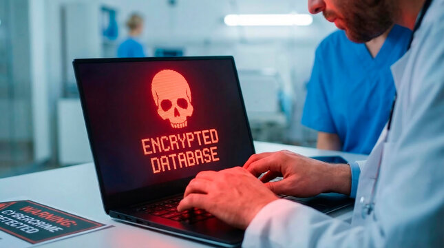 A male doctor in a white coat typing on a laptop with an encrypted database warning on the screen in a hospital setting.