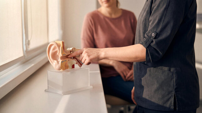 An audiologist explains human ear anatomy using a detailed model to a patient during a medical consultation for hearing health
