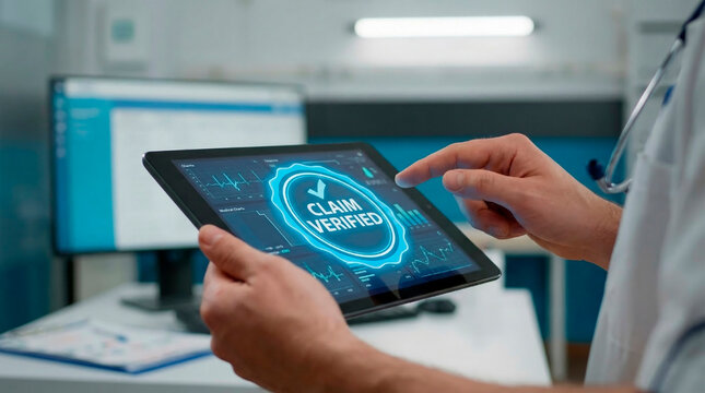 A male doctor in a white coat verifying a claim on a tablet in a modern medical office