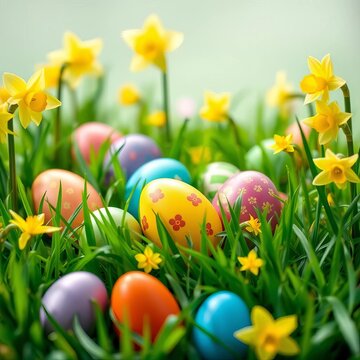 A festive Easter egg hunt scene with colorful eggs hidden amongst lush green grass and blooming daffodils, representing fun and discovery,  colorful eggs,  flowers