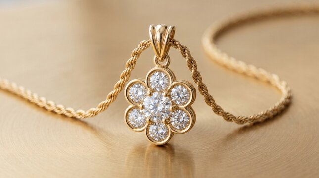 Elegant Gold Flower Pendant Necklace with Sparkling Diamonds.