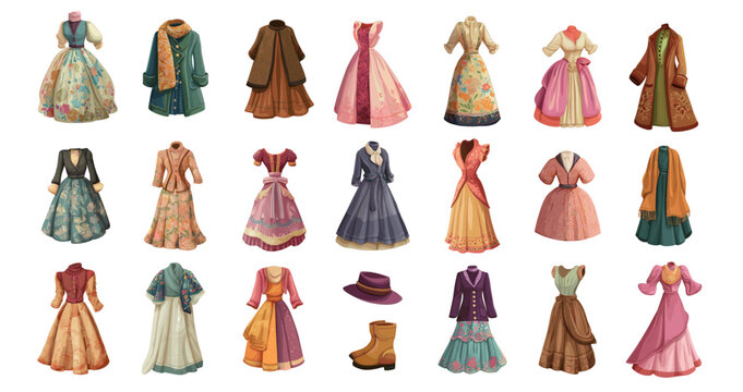 Vintage dresses set. Retro dress, old-fashioned Victorian coat skirt hat boots fashion theater hotel accessory vector illustration