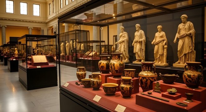 International Museum Day Ancient Artifacts Display with Historical Objects, Museum Showcase and Warm Cinematic Lighting