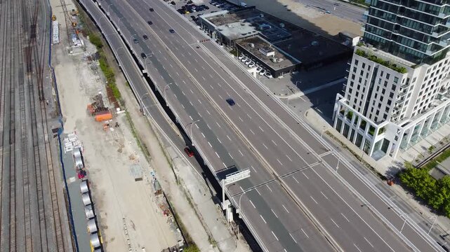Aerial view of Gardiner Expressway and railway lines in Toronto