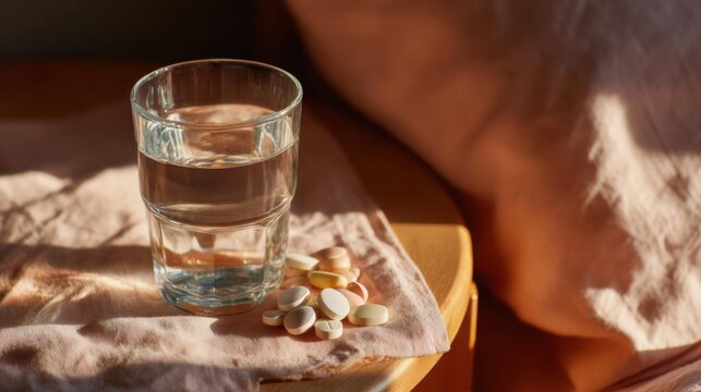 Glass of water and a pile of pills on a wooden table. the glass is filled with clear water and the pills are scattered around it.