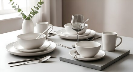 Fototapeta premium Elegant White Dinnerware Set with Wine Glass and Greenery, Table Setting