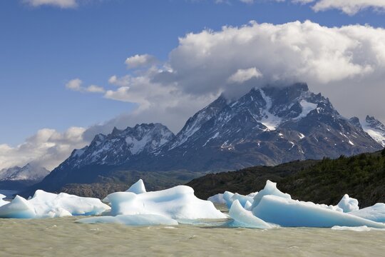 Icebergs and mountain peaks of the Torres del Paine Grande, seen from the Lago Grey, Torres del Paine National Park, Patagonia, Chile, South America
