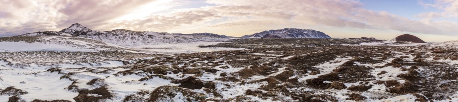 Wide volcanic landscape with snow, evening mood, Mount Horn, West Iceland, Vesturland, Iceland