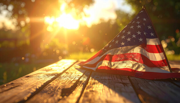 American flag on wooden table with warm sunlight and soft shadows in outdoor setting