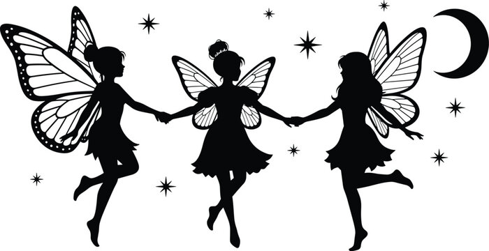 Magical black silhouette illustration of fairies dancing in circle under stars and crescent moon, fantasy whimsical celestial artistic design