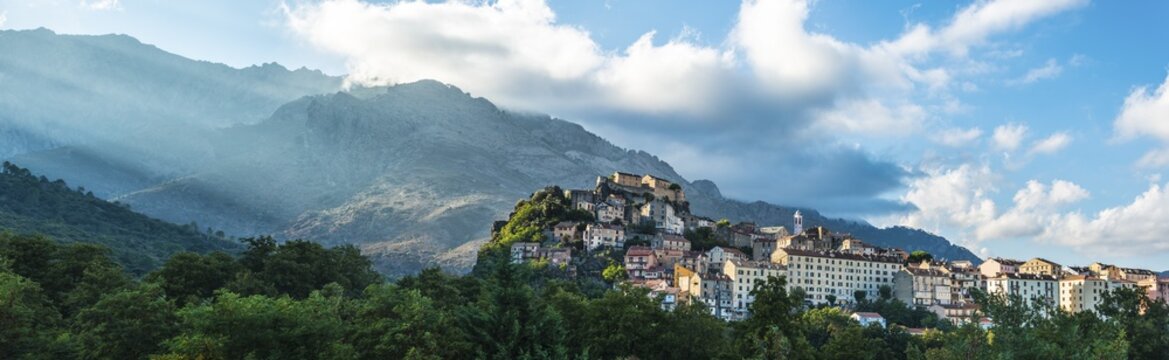 Panoramic view of mountains and surroundings, townscape, Corte, Corsica, France