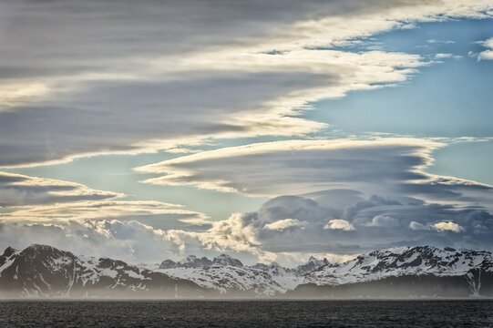 Coastline and clouds, Right Whale Bay, South Georgia, Antarctic