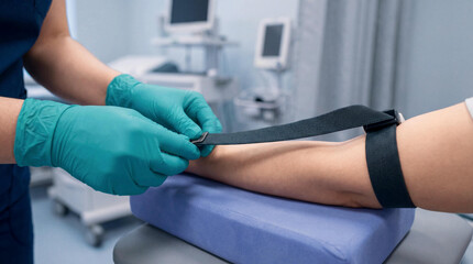 Obraz premium Healthcare professional in gloves applies a tourniquet to a patient's arm, preparing for a blood test or medical procedure