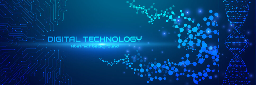 Digital technology DNA molecule background with blue circuit board and glowing medical science network banner for futuristic biotech design