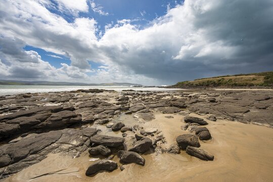 Sandy beach beach and rocks in Curio Bay, cloudy sky, Curio Bay, Southland, South Island, New Zealand