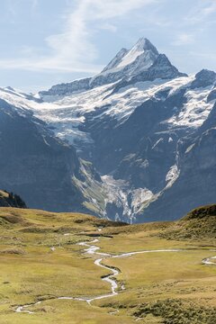 Stream, view of the Gro&szlig;es Fiescherhorn, Eiger, M&ouml;nch, Jungfrau, Grindelwald, Bern, Switzerland
