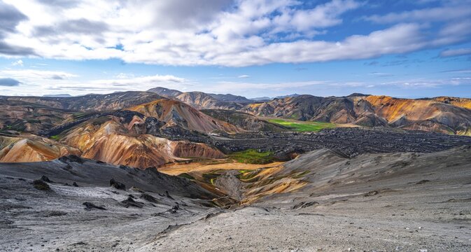 View from Bl&aacute;hn&uacute;kur, Landscape panorama, Dramatic volcanic landscape, Colourful erosion landscape with mountains, Lava field, Landmannalaugar, Fjallabak Nature Reserve, Su&eth;urland, Iceland