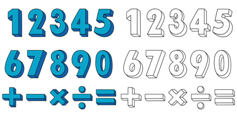Fototapeta premium Hand-drawn cartoon and doodle set of numbers and mathematical symbols on a white background.