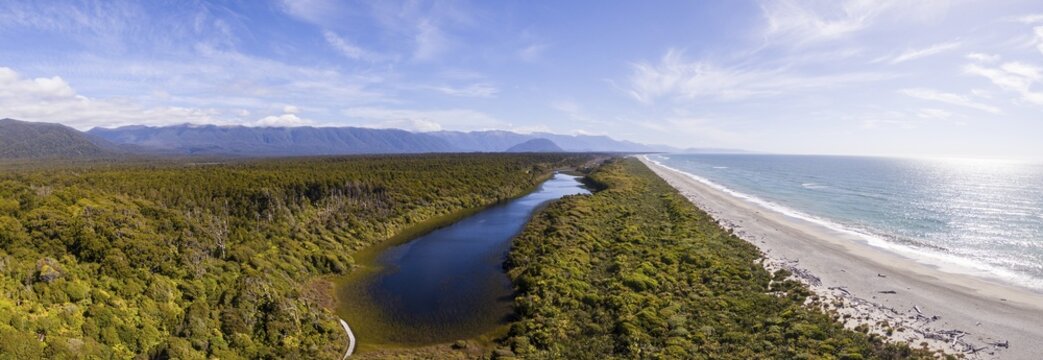 Aerial View, Beach and Coast View, moderate rainforest and lake, Southern Alps, Ship Creek, Haast, West Coast, New Zealand