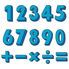 Fototapeta premium Hand-drawn cartoon set of blue numbers and mathematical symbols on a white background.