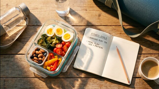 Overhead view of healthy lunchbox with hard-boiled eggs vegetables beans